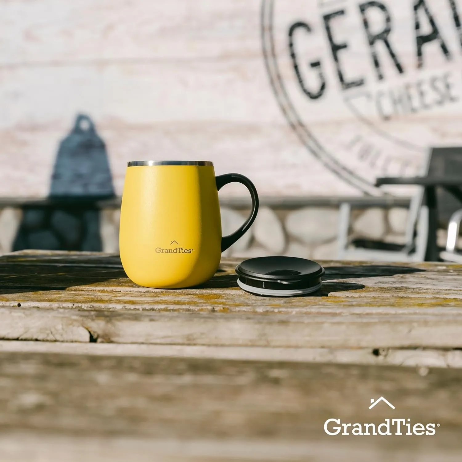 GRANDTIES Insulated Coffee Mug with Handle - Sliding Lid for Splash-Proof 16 oz Wine Glass Shape Thermos Tumbler with Double Walled Vacuum Stainless Steel to Keeps Beverages Hot or Cold - Lemon