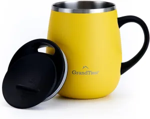 GRANDTIES Insulated Coffee Mug with Handle - Sliding Lid for Splash-Proof 16 oz Wine Glass Shape Thermos Tumbler with Double Walled Vacuum Stainless Steel to Keeps Beverages Hot or Cold - Lemon