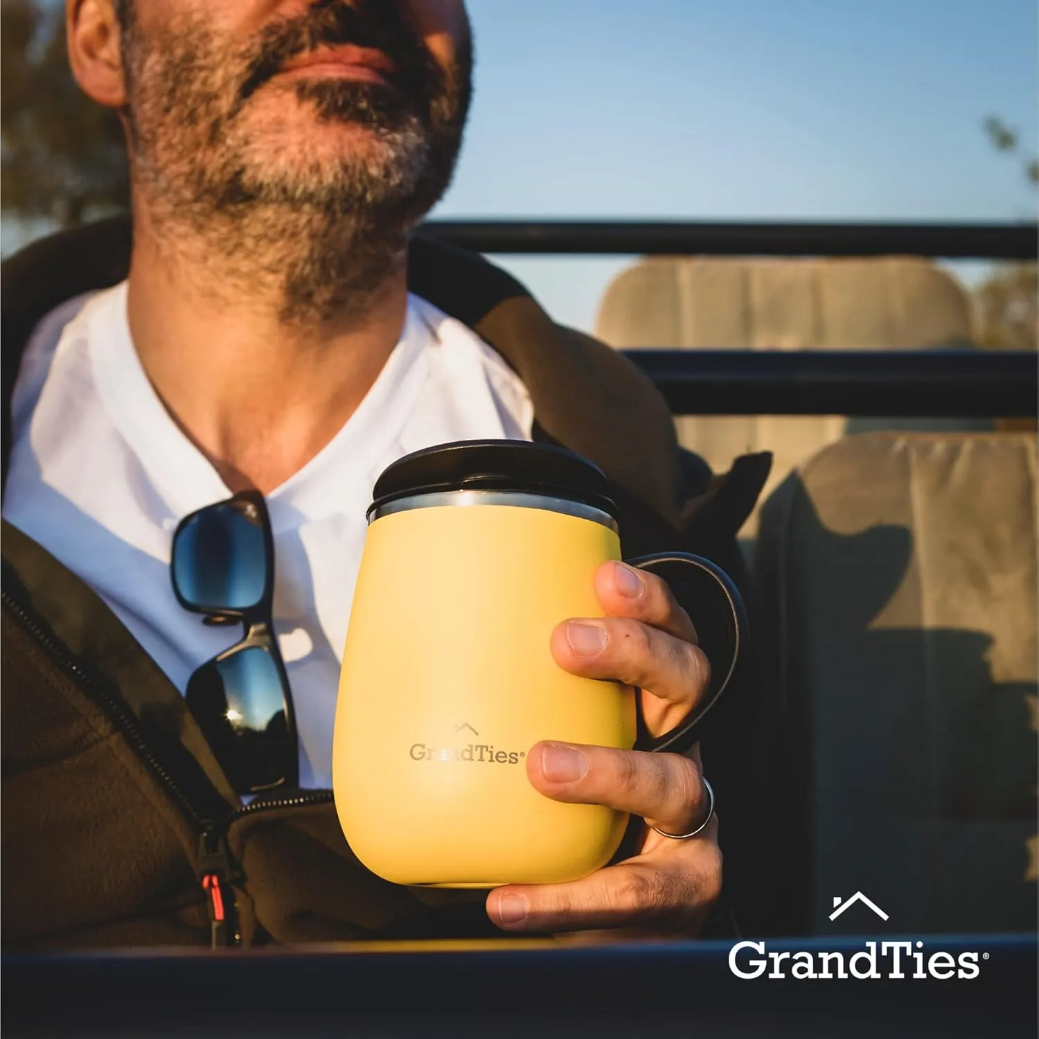 GRANDTIES Insulated Coffee Mug with Handle - Sliding Lid for Splash-Proof 16 oz Wine Glass Shape Thermos Tumbler with Double Walled Vacuum Stainless Steel to Keeps Beverages Hot or Cold - Lemon