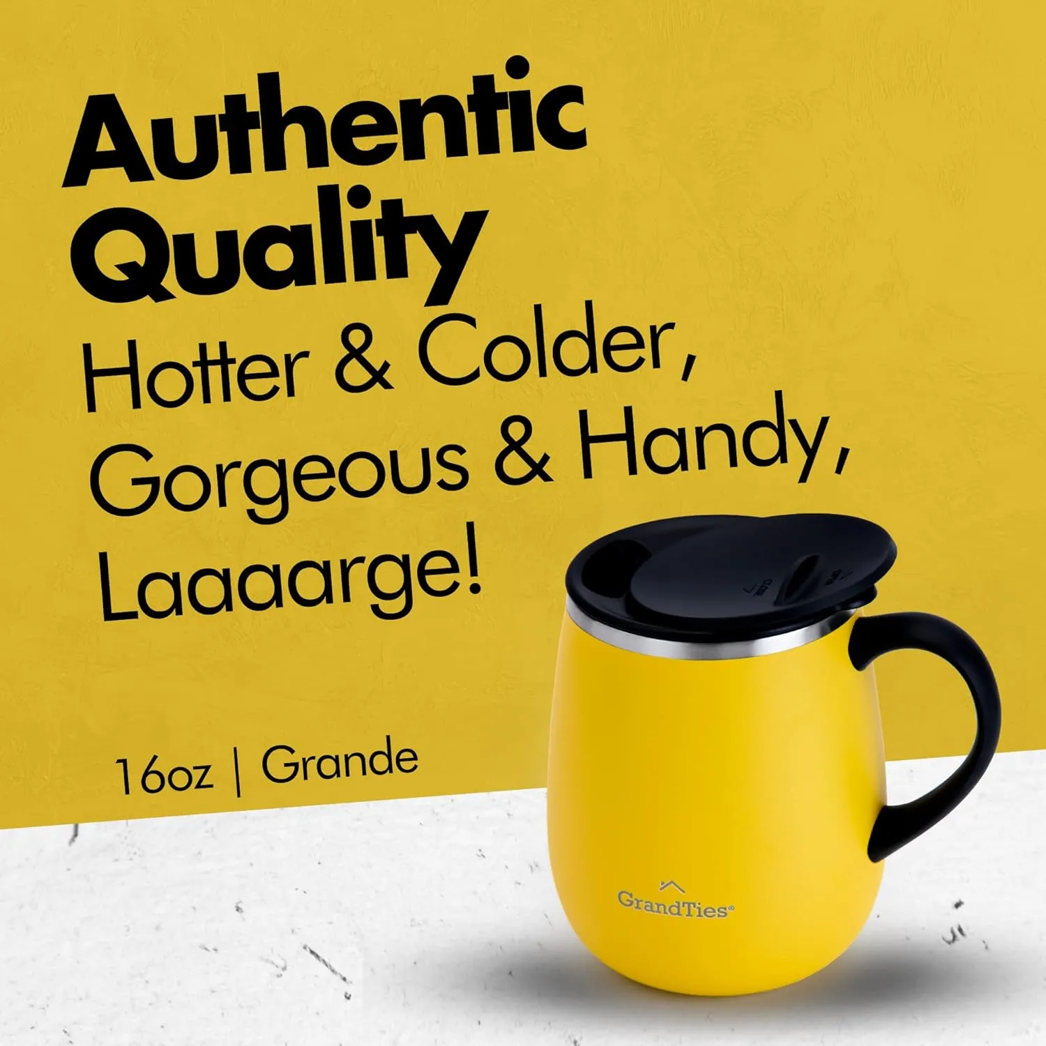 GRANDTIES Insulated Coffee Mug with Handle - Sliding Lid for Splash-Proof 16 oz Wine Glass Shape Thermos Tumbler with Double Walled Vacuum Stainless Steel to Keeps Beverages Hot or Cold - Lemon