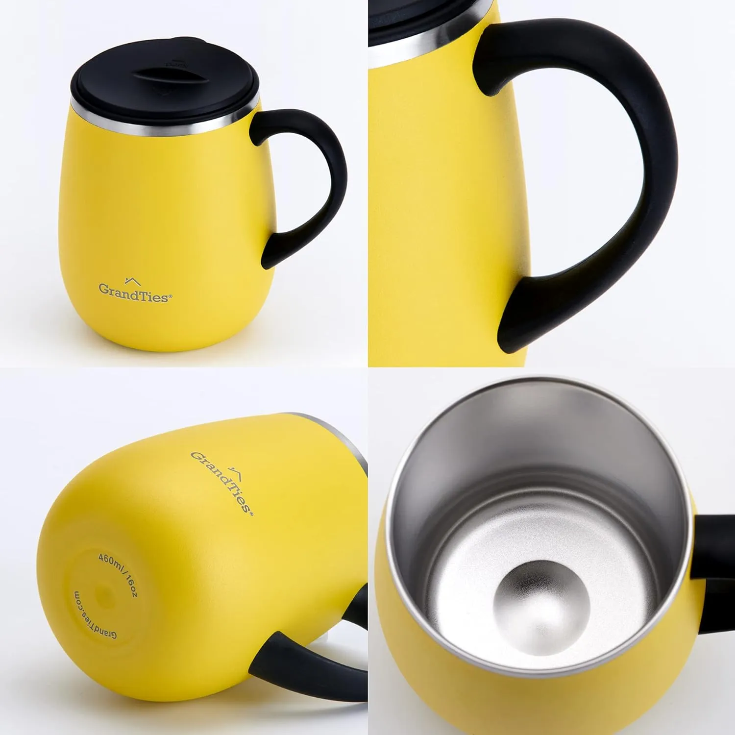 GRANDTIES Insulated Coffee Mug with Handle - Sliding Lid for Splash-Proof 16 oz Wine Glass Shape Thermos Tumbler with Double Walled Vacuum Stainless Steel to Keeps Beverages Hot or Cold - Lemon