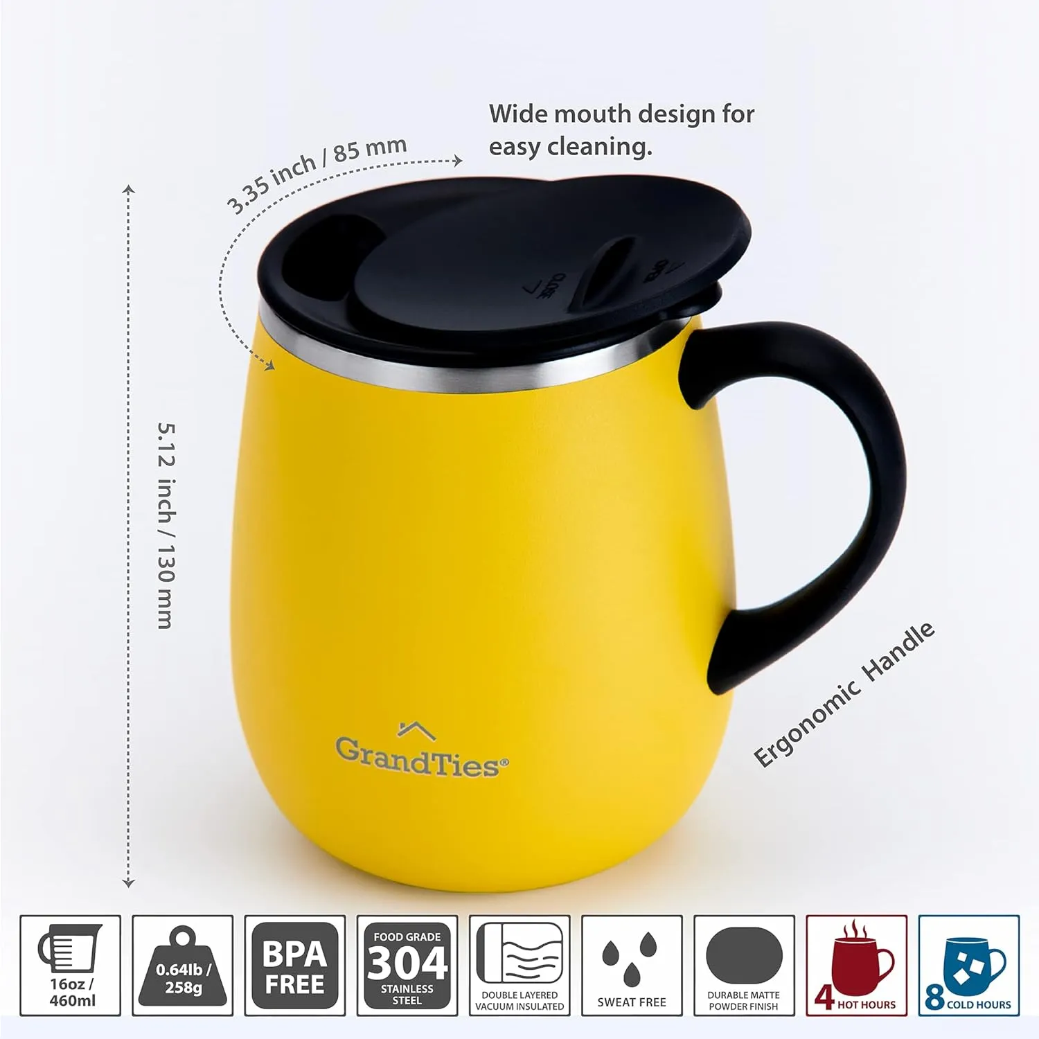 GRANDTIES Insulated Coffee Mug with Handle - Sliding Lid for Splash-Proof 16 oz Wine Glass Shape Thermos Tumbler with Double Walled Vacuum Stainless Steel to Keeps Beverages Hot or Cold - Lemon
