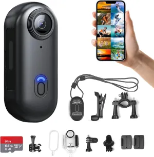 H8 64GB 4K Thumb Action Camera, Mini Body Cameras, Wearable Pocket Vlogging Camera, Multiple Accessory Mount Anywhere Small Portable Hands-Free Helmet Cam for Work, Cycling, Travel, Pet Walking (Black