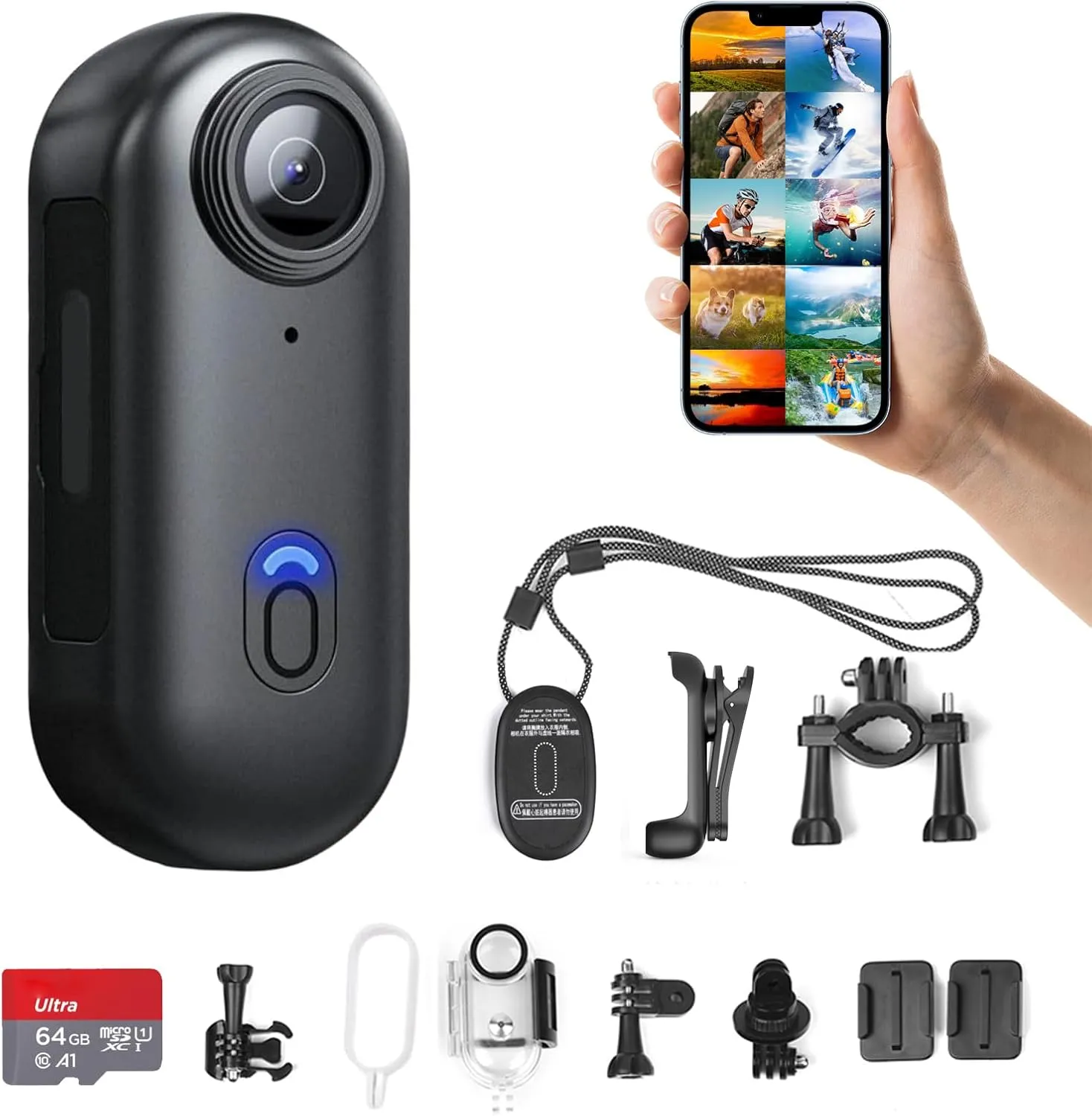 H8 64GB 4K Thumb Action Camera, Mini Body Cameras, Wearable Pocket Vlogging Camera, Multiple Accessory Mount Anywhere Small Portable Hands-Free Helmet Cam for Work, Cycling, Travel, Pet Walking (Black