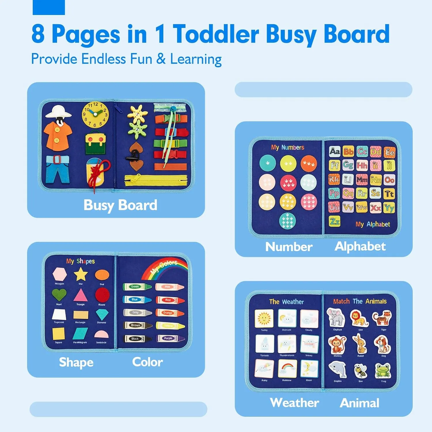 hahaland Busy Board for 1 Year Old - Montessori Toys for 2 Year Old Boy Birthday Gift - Preschool Learning Activities Toddlers Boy Toys 2-3 with Life Skills,Alphabet,Number,Shape,Color,Animal,Weather