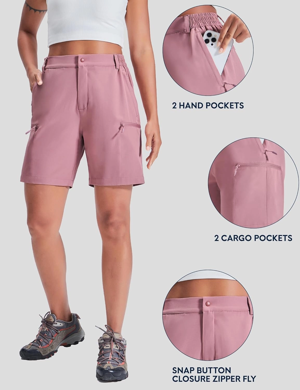 Haimont Women's 7" Hiking Cargo Shorts Quick Dry Lightweight Stretch UV Protection with Zipper Pockets Travel Camping