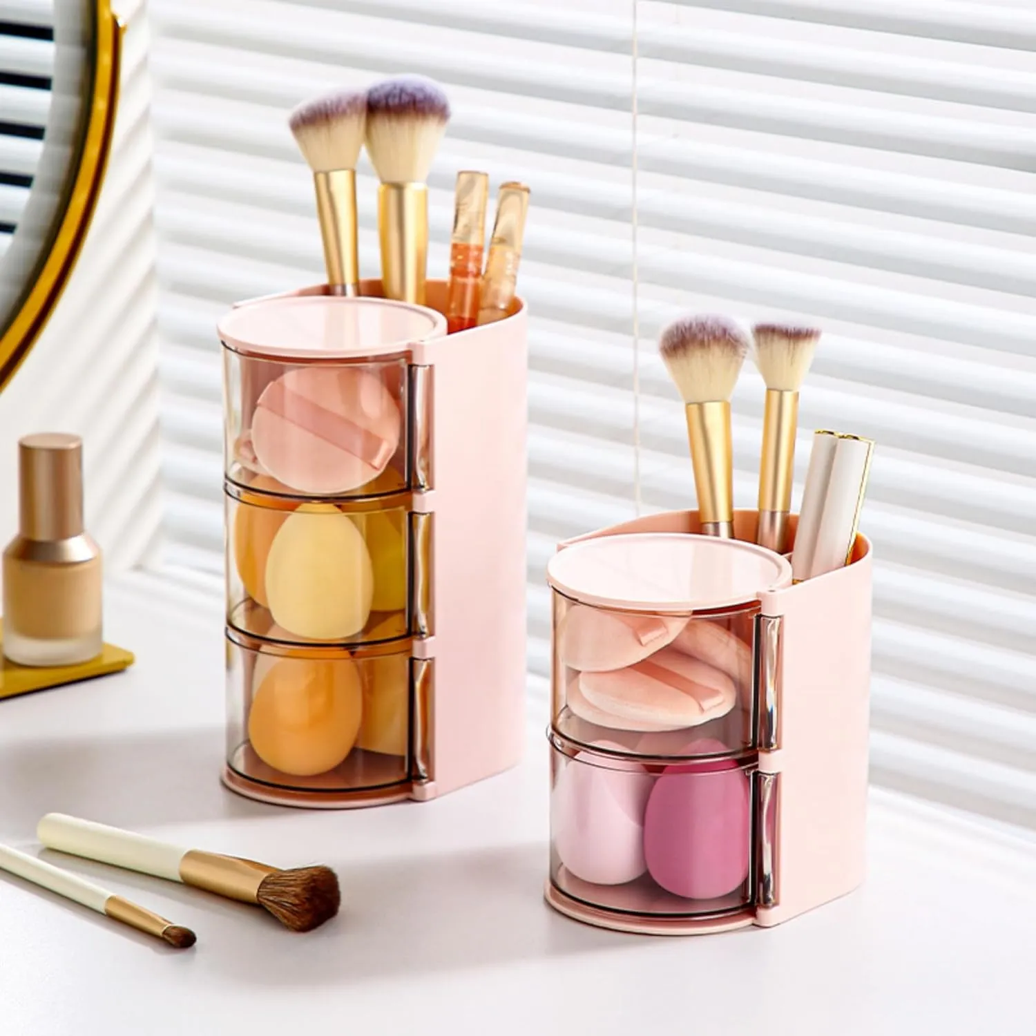 Hair Accessories Organizer with Hair Brush Holder, Rotatable Makeup Brush Holder for Necklaces, Earring, Bracelet, Ring, Makeup Brushes, Hair Clip and Hair Accessories (Pink, 3-Layer)
