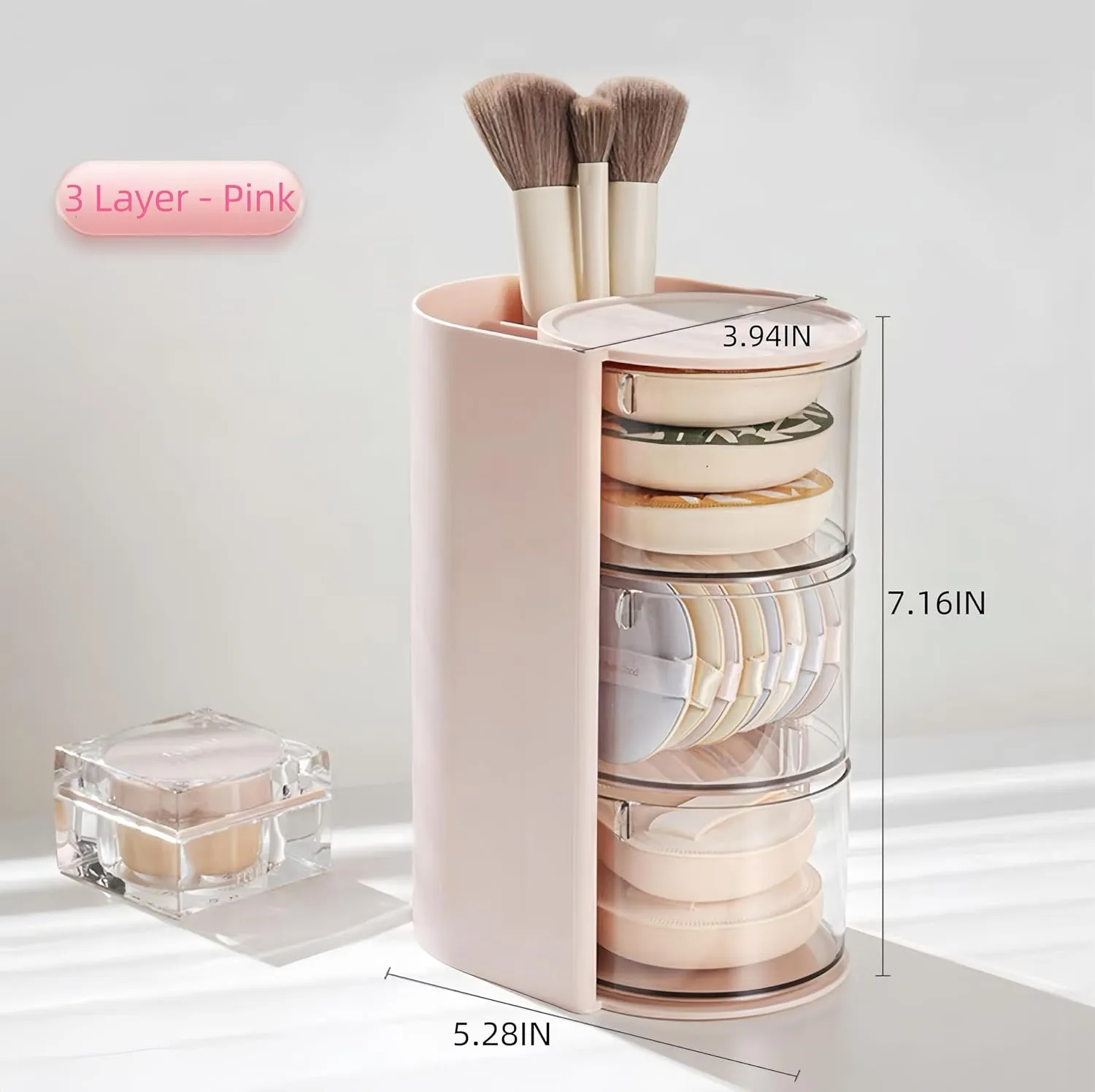 Hair Accessories Organizer with Hair Brush Holder, Rotatable Makeup Brush Holder for Necklaces, Earring, Bracelet, Ring, Makeup Brushes, Hair Clip and Hair Accessories (Pink, 3-Layer)