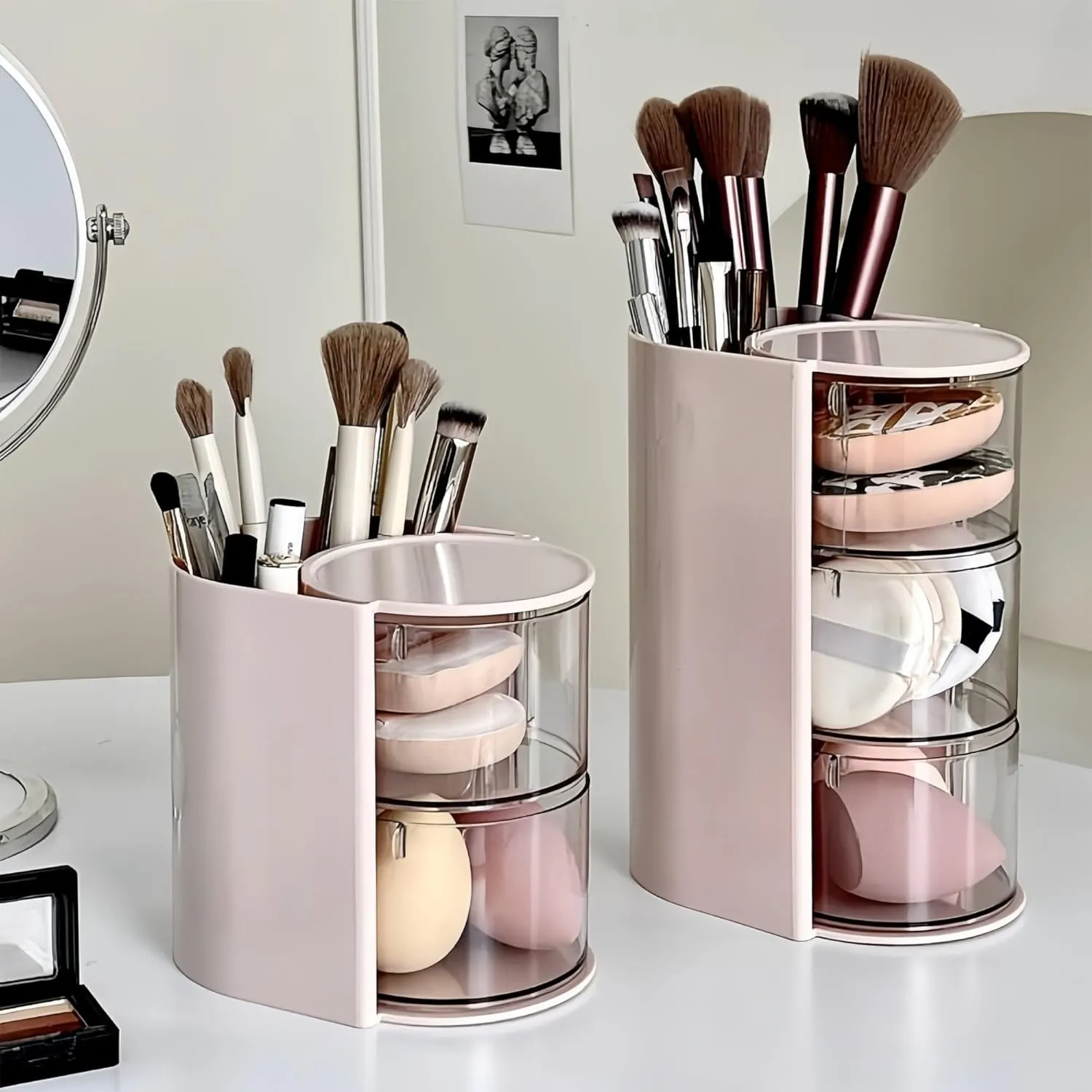 Hair Accessories Organizer with Hair Brush Holder, Rotatable Makeup Brush Holder for Necklaces, Earring, Bracelet, Ring, Makeup Brushes, Hair Clip and Hair Accessories (Pink, 3-Layer)