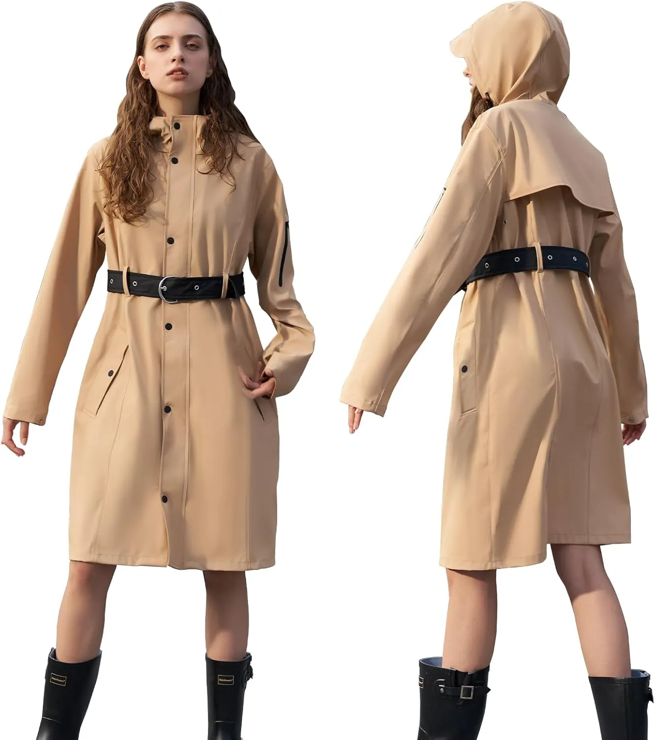 HALO RAIN Women's Single Breasted Long Trench Coat Windproof Raincoat Outerwear Lightweight Windbreaker with Blet & Hood