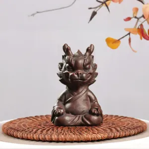 Hand-Made Purple Clay Dragon Man Tea Pet Cute Lucky Statue Kung Fu Tea Tray Decor Tea Lover's Gift Home Office Desk Feng Shui Ornament (Mediation)