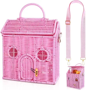 Handmade Rattan Doll House Rattan House Shape Shoulder Bag Wicker Basket with Lid Mouse in a Box House for Doll Toys Rattan Storage Basket Small Dollhouses Cute Woven Handcrafted Artwork Gift (Pink)