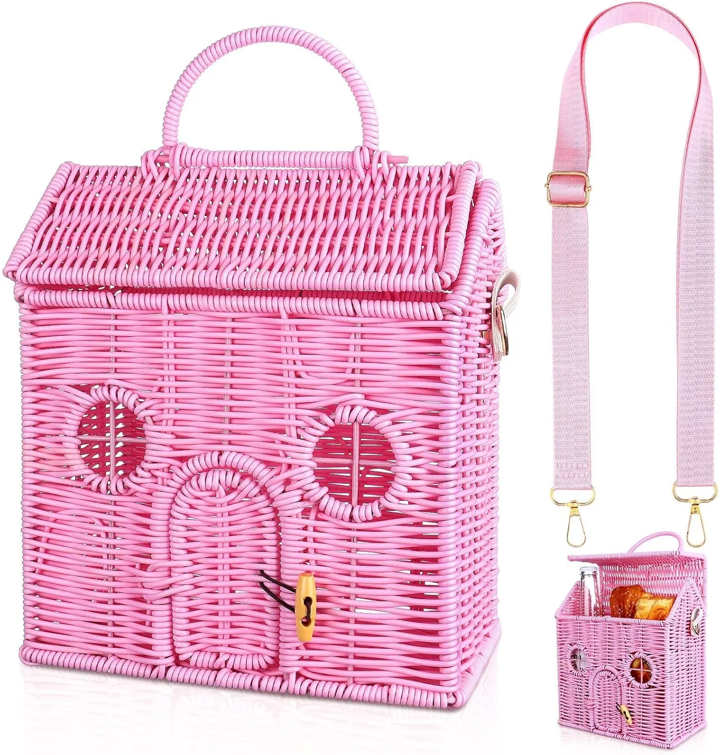 Handmade Rattan Doll House Rattan House Shape Shoulder Bag Wicker Basket with Lid Mouse in a Box House for Doll Toys Rattan Storage Basket Small Dollhouses Cute Woven Handcrafted Artwork Gift (Pink)