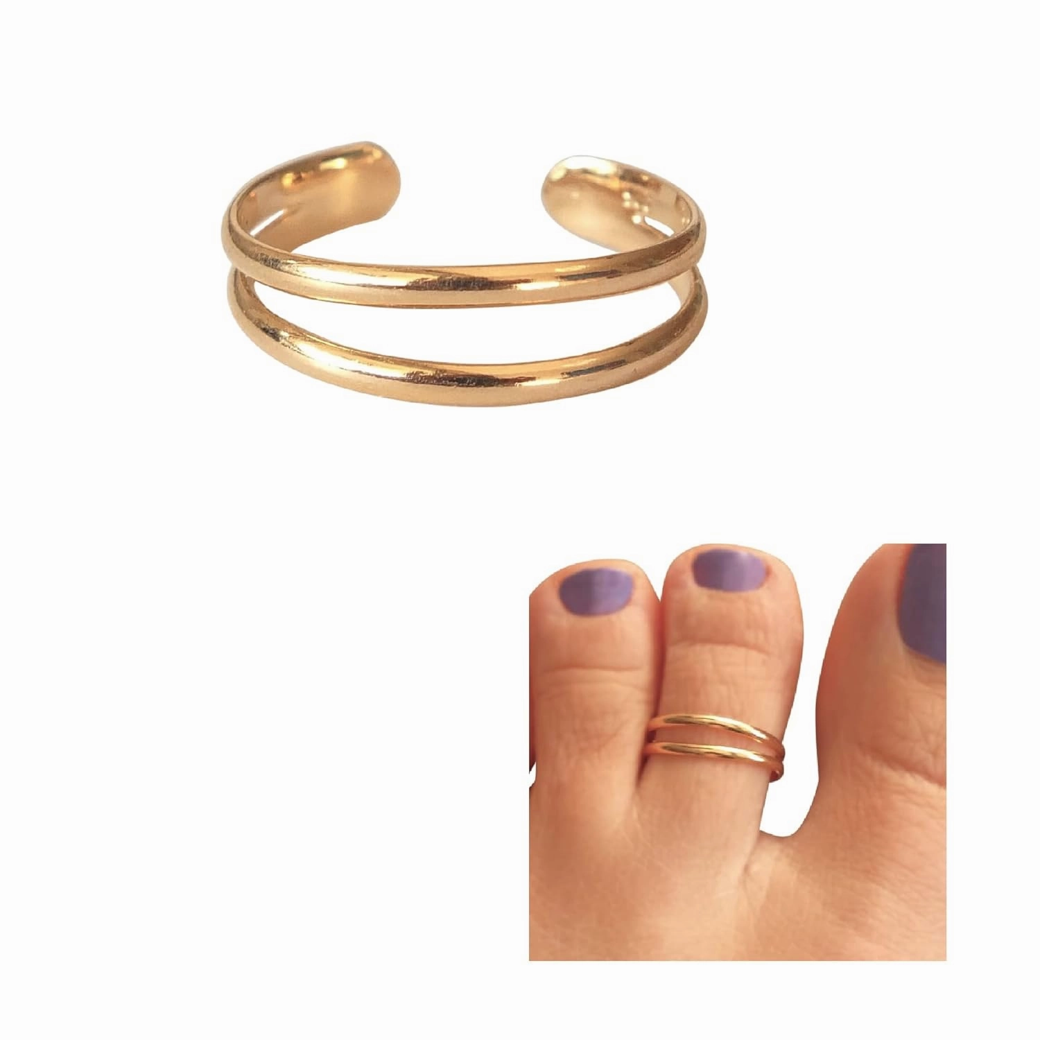 Handmade Gold Double Band Adjustable Toe Ring, Yellow Gold Plated over Sterling Silver, Classic Dainty Two Row Open Toe, Pinky or Knuckle Rings for Women, By MiYa Jewelry Creations