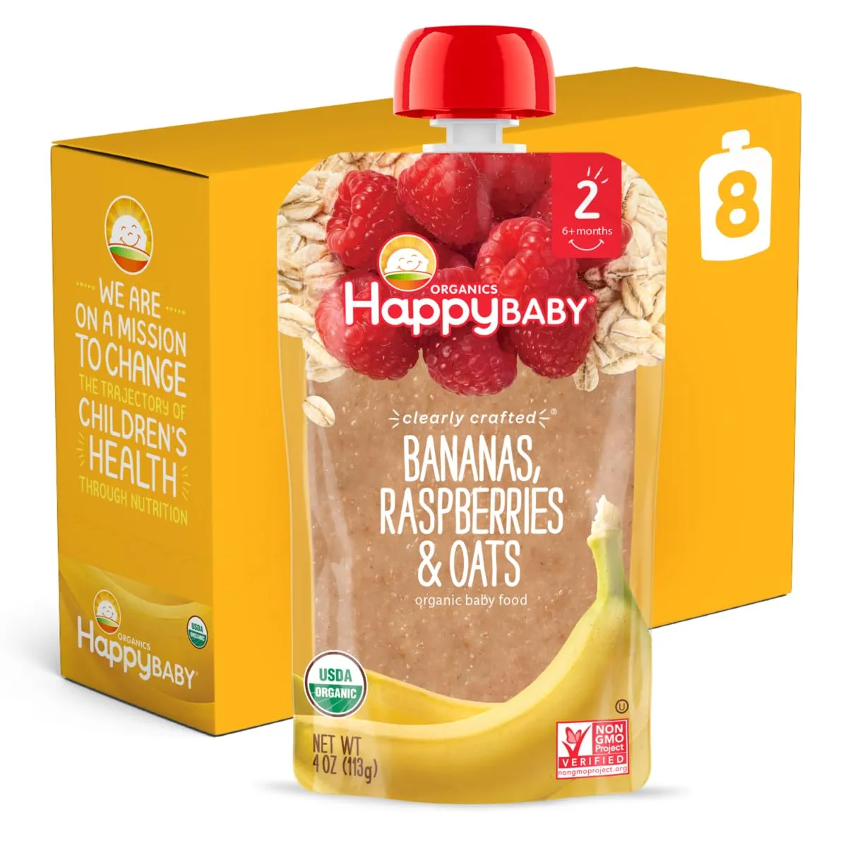 Happy Baby Organics Clearly Crafted Stage 2 Baby Food Bananas Raspberries & Oats, 4 Ounce Pouch Resealable Baby Food Pouches, Fruit & Veggie Puree, Organic Non-GMO Gluten Free Kosher (Pack of 8)