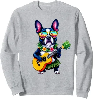 Hawaiian Boston Terrier & Pineapple Ukulele Summer Vacation Sweatshirt