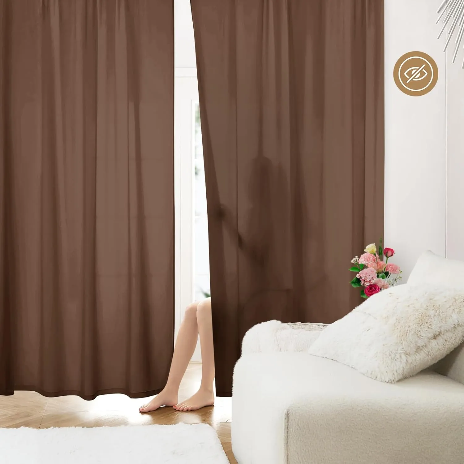 HOMEIDEAS Non-See-Through Brown Privacy Sheer Curtains, 52 X 84 Inches Long 2 Panels Sheer Curtains Light Filtering Window Drapes for Bedroom Living Room