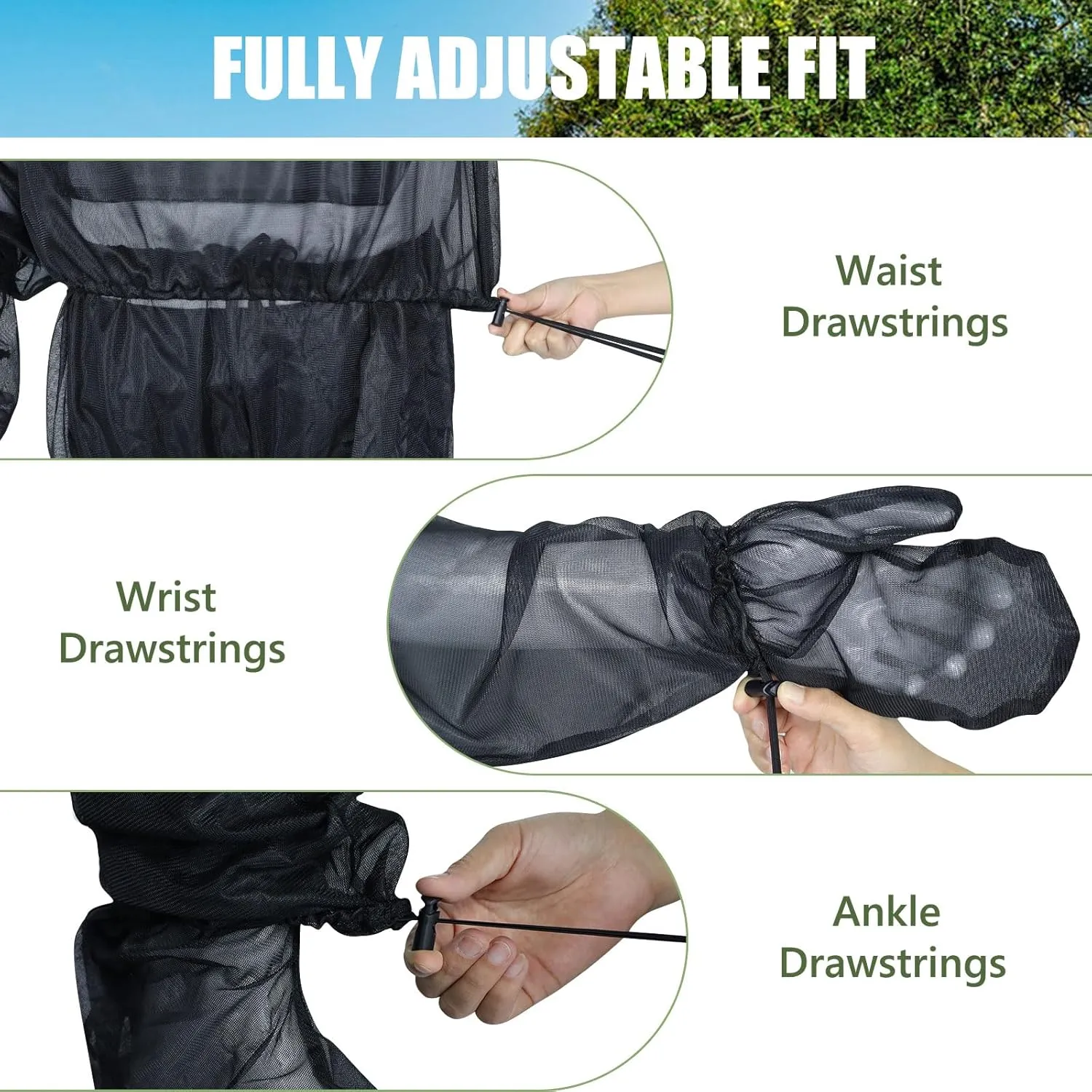 HOMEYA Bug Jacket L/XL, Anti Mosquito Netting Suit with Zipper on Hood Ultra-fine Mesh Pants Mitt Socks with Free Carry Pouch for Protecting Hunting Fishing Men Women