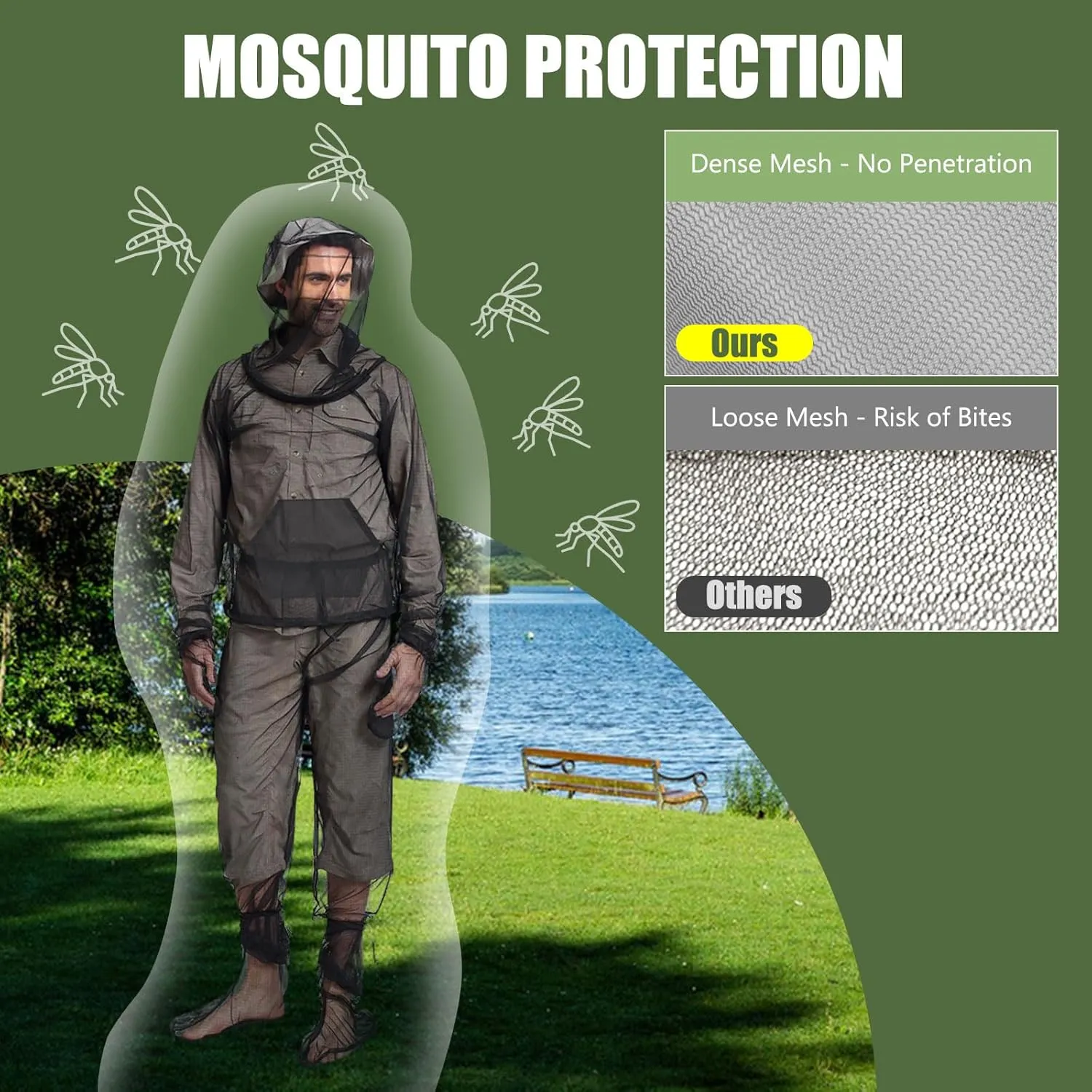 HOMEYA Bug Jacket L/XL, Anti Mosquito Netting Suit with Zipper on Hood Ultra-fine Mesh Pants Mitt Socks with Free Carry Pouch for Protecting Hunting Fishing Men Women