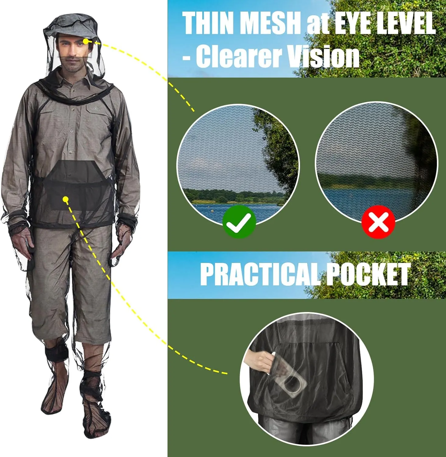 HOMEYA Bug Jacket L/XL, Anti Mosquito Netting Suit with Zipper on Hood Ultra-fine Mesh Pants Mitt Socks with Free Carry Pouch for Protecting Hunting Fishing Men Women