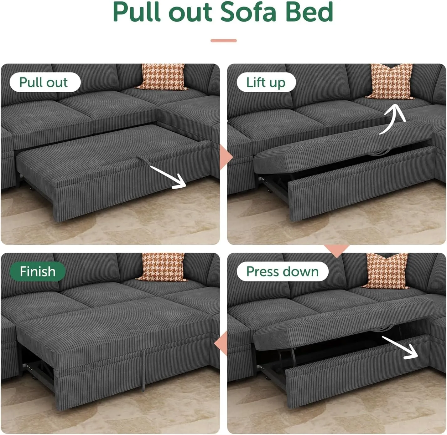 HONBAY Modular Sectional Sleeper Sofa with Pull Out Bed, Corduroy L Shaped Couch with Storage Seats, Convertible Sectional Couches for Living Room, Dark Grey