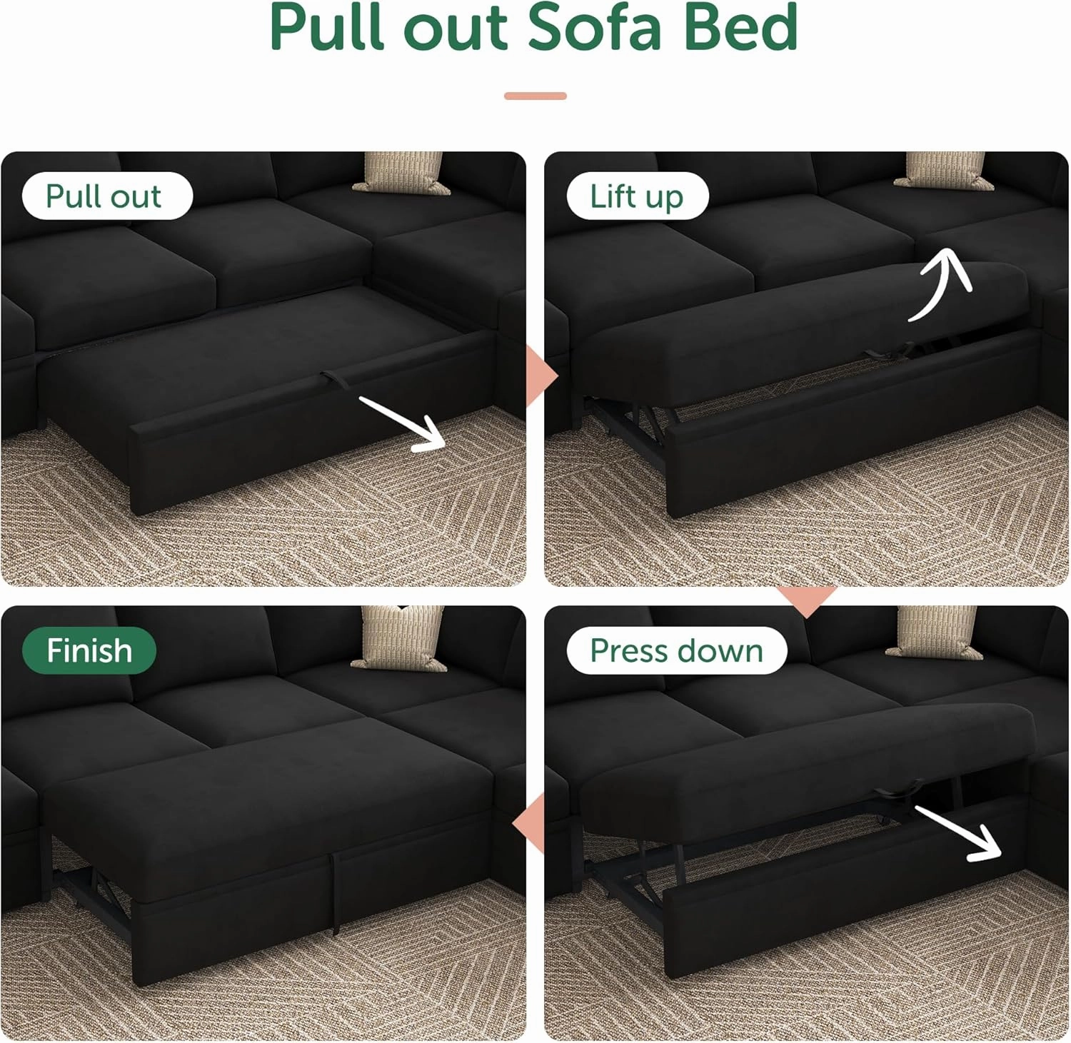 HONBAY Modular Sectional Sleeper Sofa Bed, Velvet Sectional Couch with Pull Out Bed U Shaped Modular Couch with Storage Ottoman for Living Room, Black