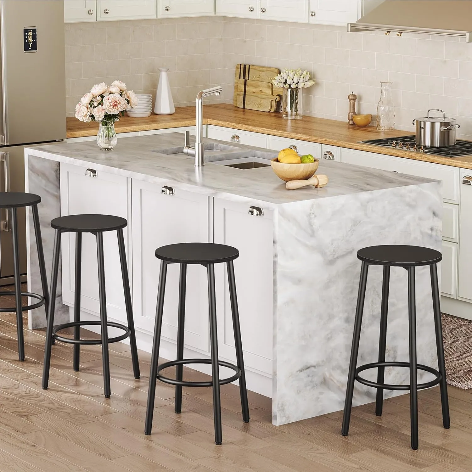 HOOBRO Bar Stools, Bar Stools Set of 2, Counter Height Stools with Footrest, Breakfast Barstools, Sturdy Steel Frame, for Dining Room, Kitchen Island, Party, Easy Assembly, Black BK03BY01N1