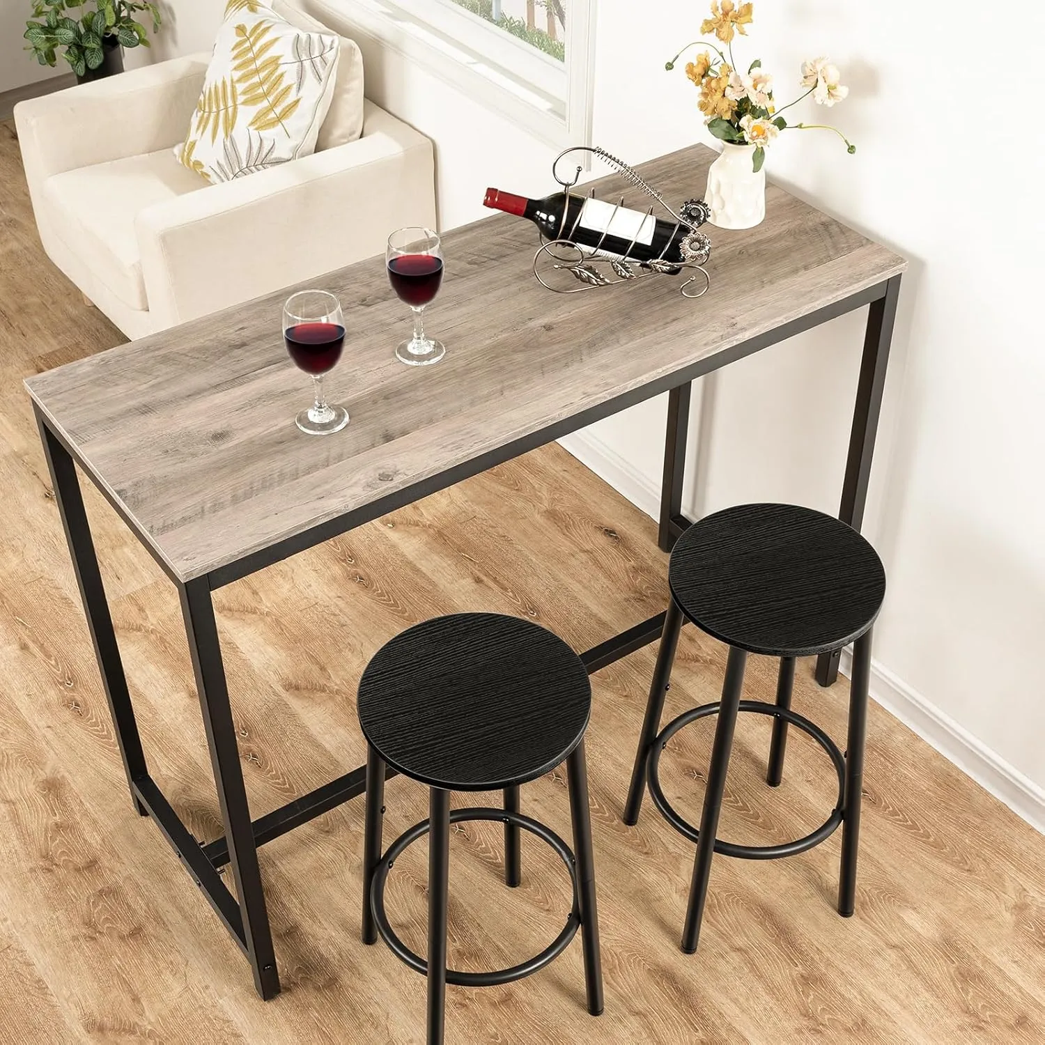 HOOBRO Bar Stools, Bar Stools Set of 2, Counter Height Stools with Footrest, Breakfast Barstools, Sturdy Steel Frame, for Dining Room, Kitchen Island, Party, Easy Assembly, Black BK03BY01N1