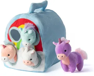 Hopearl Magic Unicorn House Interactive Plush Toy Set Fun Playhouse for Toddlers Early Learning Educational Gift for Kids Cute Pony Hide & Seek Game, 11''