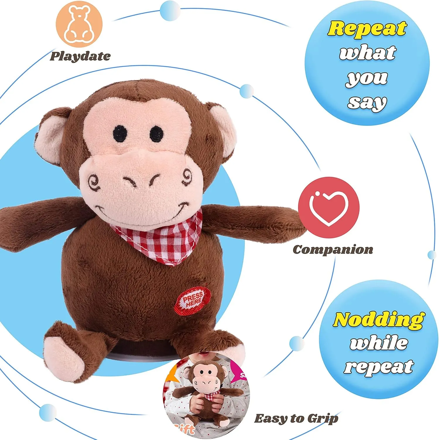 Hopearl Talking Monkey Repeats What You Say Nodding Electric Interactive Animated Toy Speaking Plush Buddy Birthday Festival for Toddlers, 6.5''