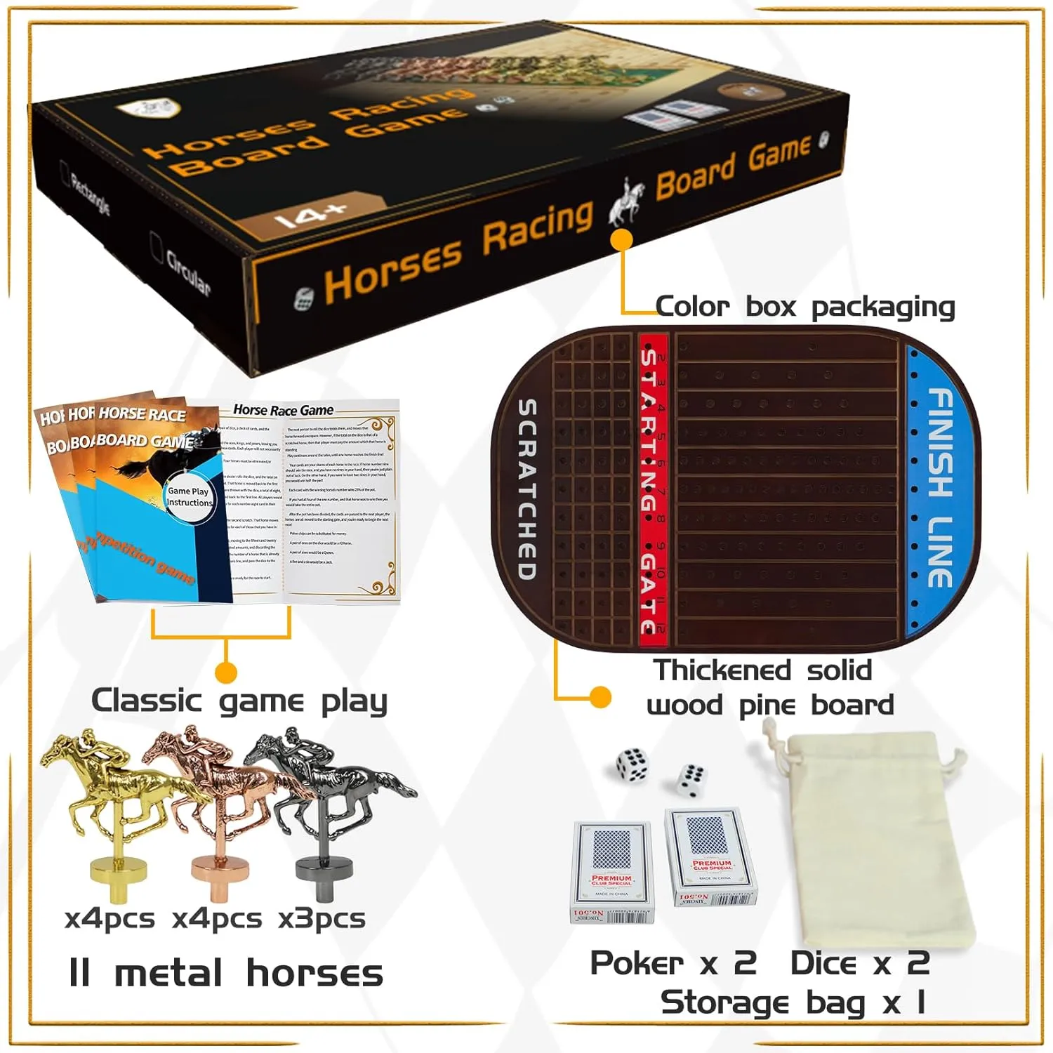 Horse Race Board Game Racing Game Thickened Solid Wood with 11 Luxurious Durable Classic Metal Horses with 4 Dice and 2 Boxes of Cards Horse Racing Game(Small Circular，Walnut) (Walnut)…