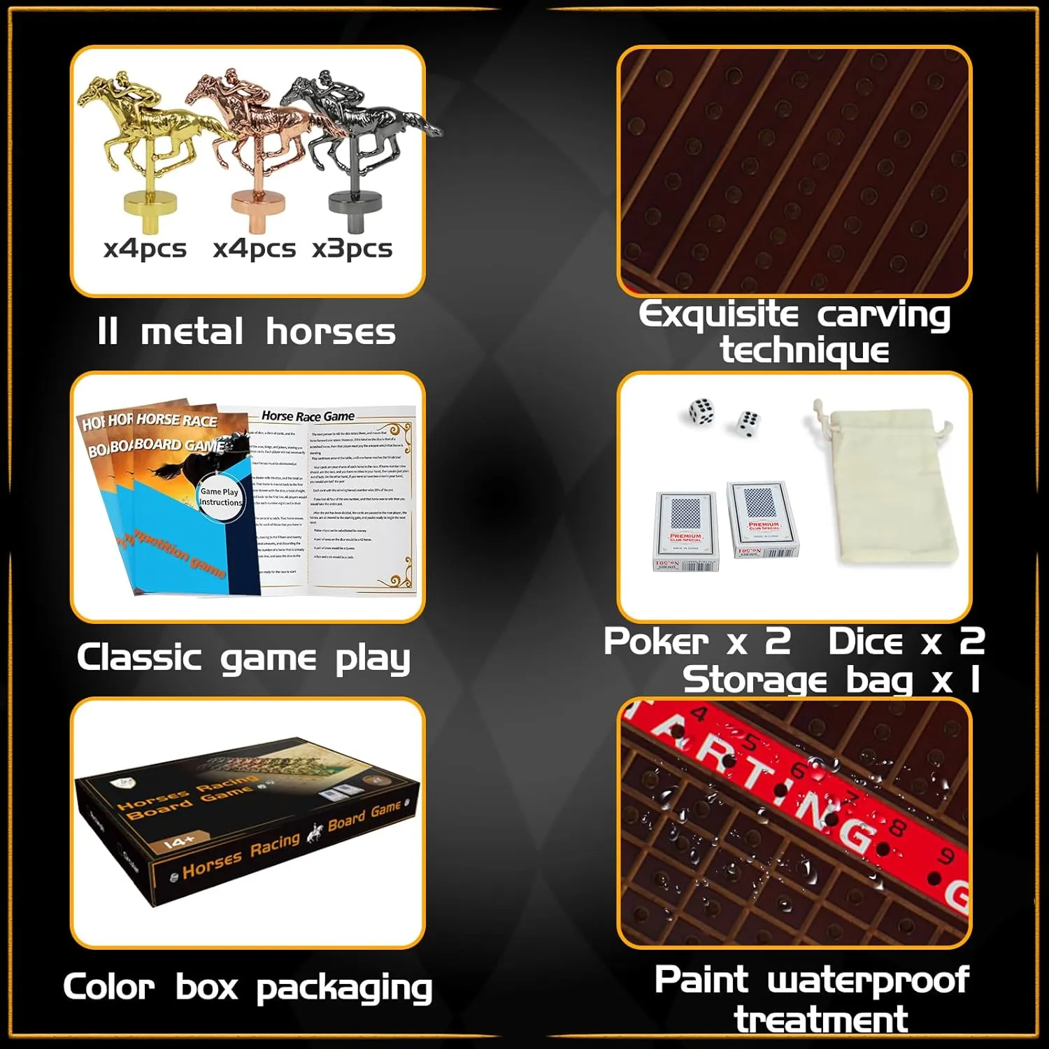 Horse Race Board Game Racing Game Thickened Solid Wood with 11 Luxurious Durable Classic Metal Horses with 4 Dice and 2 Boxes of Cards Horse Racing Game(Small Circular，Walnut) (Walnut)…