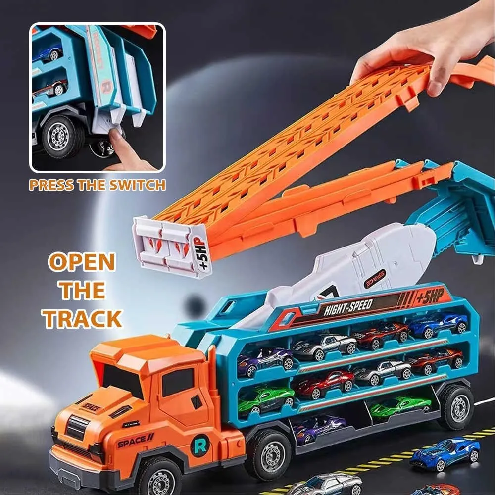 Hot Carrier Transport Truck Toys for Kids, 7-in-1 Big Storage Truck with Lift Dual-Racing Track, 6 Stylish Die-Cast Metal Racing Cars, Perfect Truck Toy Gift for 3 4 5 6 7 Years Old Boy Girl (Orange)