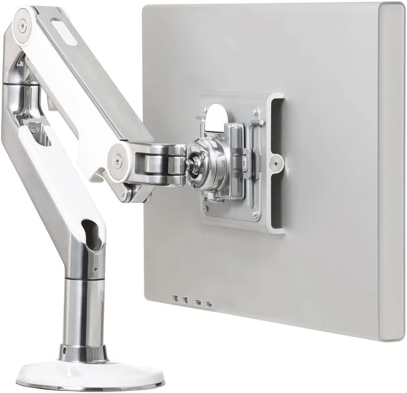 Humanscale M8 Adjustable Articulating Monitor Arm - Two Piece Clamp On Mount with Base - Polished Aluminum with White Trim