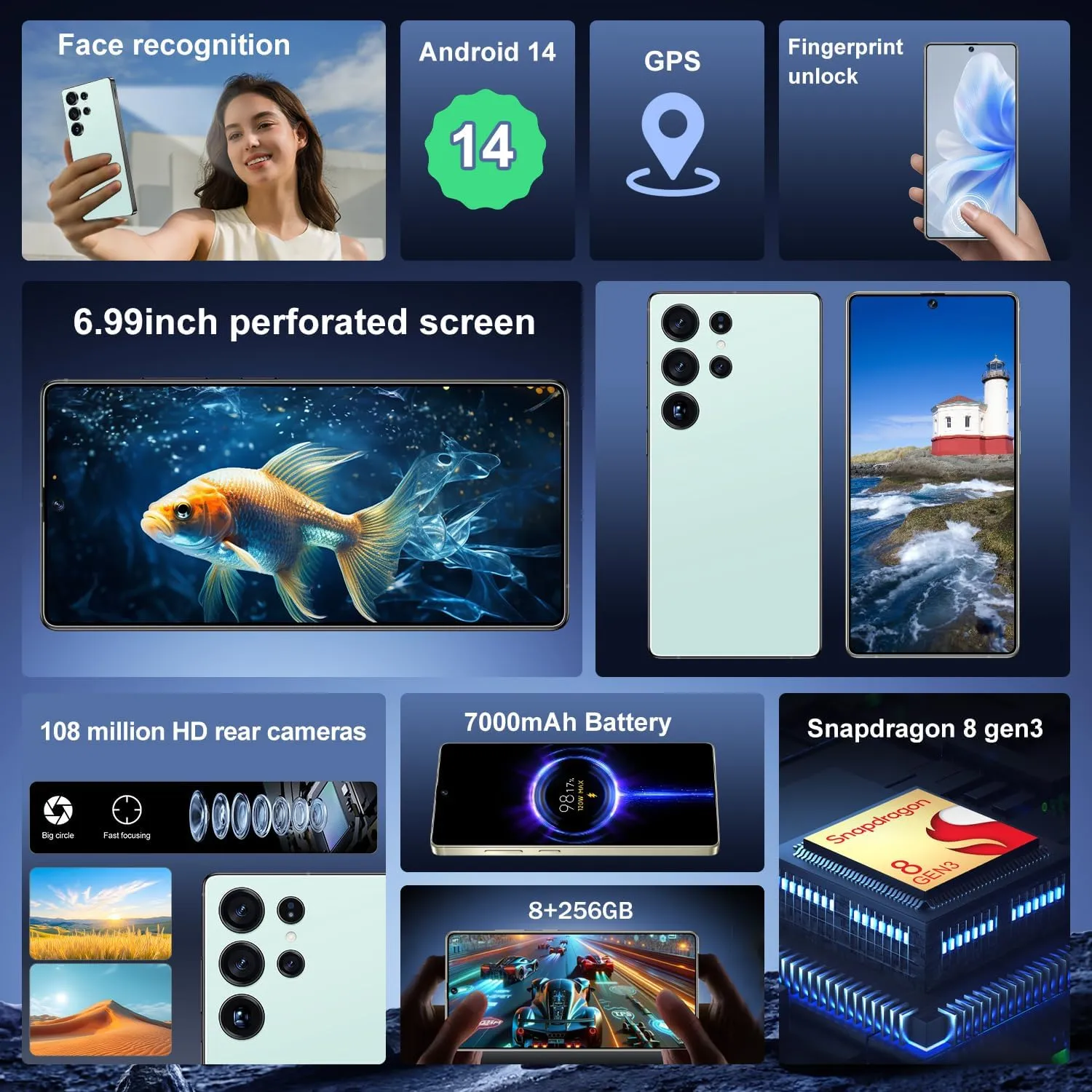 I25 Ultra 5G Unlocked Smartphone,8GB 256GB Fully Cell Phone for Android 14, 6.99" Unlocked Cell Phone, 7000mAh, 68MP 108MP Dual Camera/Dual SIM (Cyan)