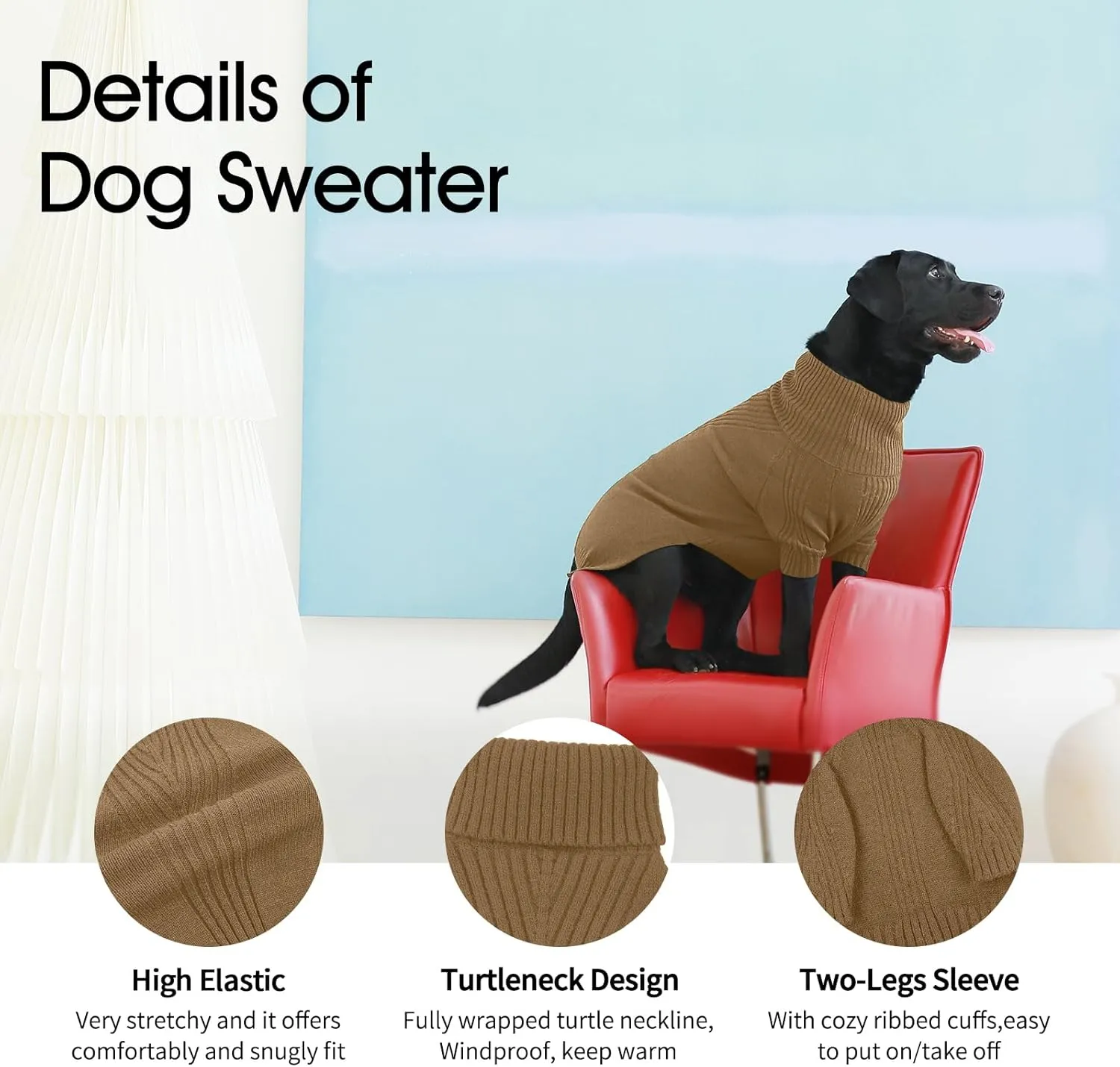 IECOii Extra-Large Dog Sweater 4XL,Christmas Dog Sweaters for Extra Large Dogs Girl Boy,Turtleneck Knitted Knitwear for Pet,Easy On Doggie Sweatshirt Dog Sweater for Doberman,Great Dane(Camel,XXXXL)