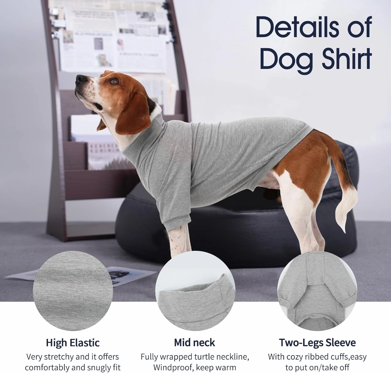 IECOii 2 Packs|4XLarge|High Neck Breathable Dog Pullover Shirt with Sleeve|Quick Dry Daily Wear|Soft Pjs Homewear,Pet Top Underwear|Full Belly Coverage Sweatshirt Great Dane,Grey Stripe Grey