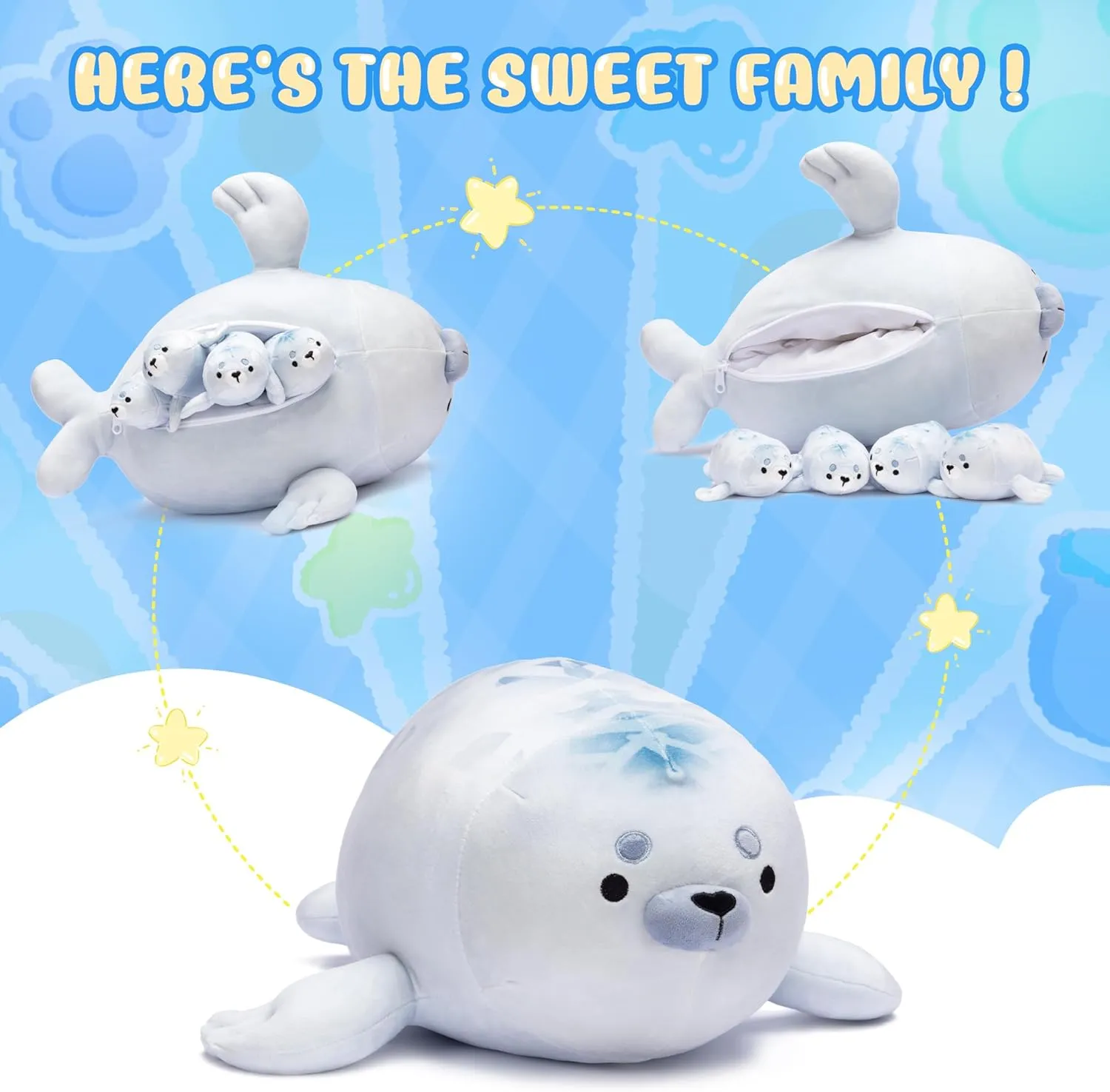 IKASA Mommy Seal Stuffed Animal Mom and Baby Plush Toy, Cute 16" Soft Small Mama Family Set Cuddly Toys with Little Mini Babies,Gifts for Kids