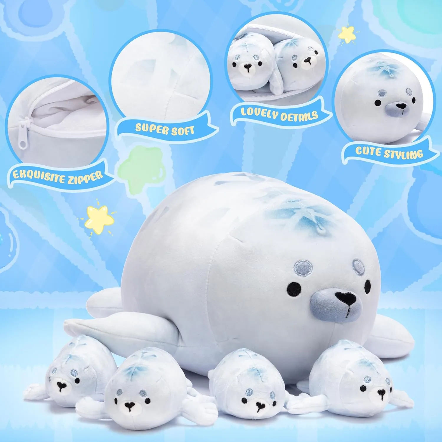 IKASA Mommy Seal Stuffed Animal Mom and Baby Plush Toy, Cute 16" Soft Small Mama Family Set Cuddly Toys with Little Mini Babies,Gifts for Kids