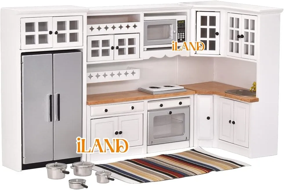 iLAND Dollhouse Kitchen, Modern Dollhouse Furniture Set on 1/12 Scale Wooden White to Store Miniature Food