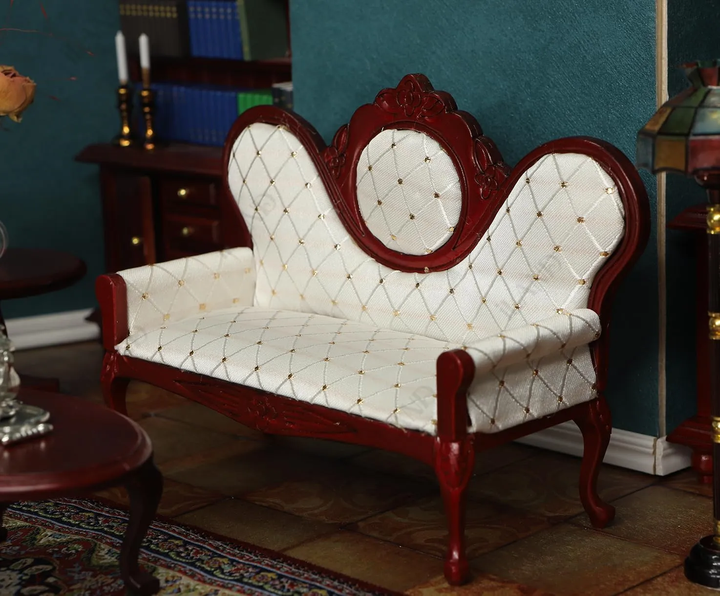 iLAND Victorian Dollhouse Furniture Set, Doll House Furniture and Accessories, Miniature Dollhouse Sofa with 1/12 Scale Accessories 8pcs, Mothers Gift, Wife Gift, Bookshelf Décor