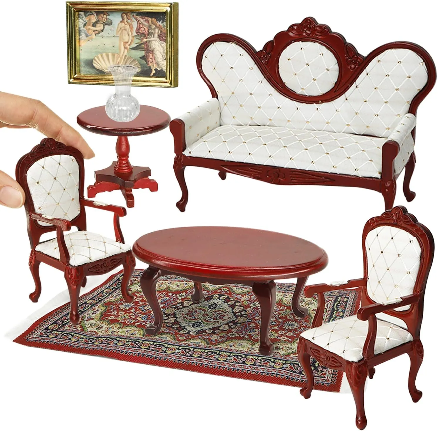 iLAND Victorian Dollhouse Furniture Set, Doll House Furniture and Accessories, Miniature Dollhouse Sofa with 1/12 Scale Accessories 8pcs, Mothers Gift, Wife Gift, Bookshelf Décor
