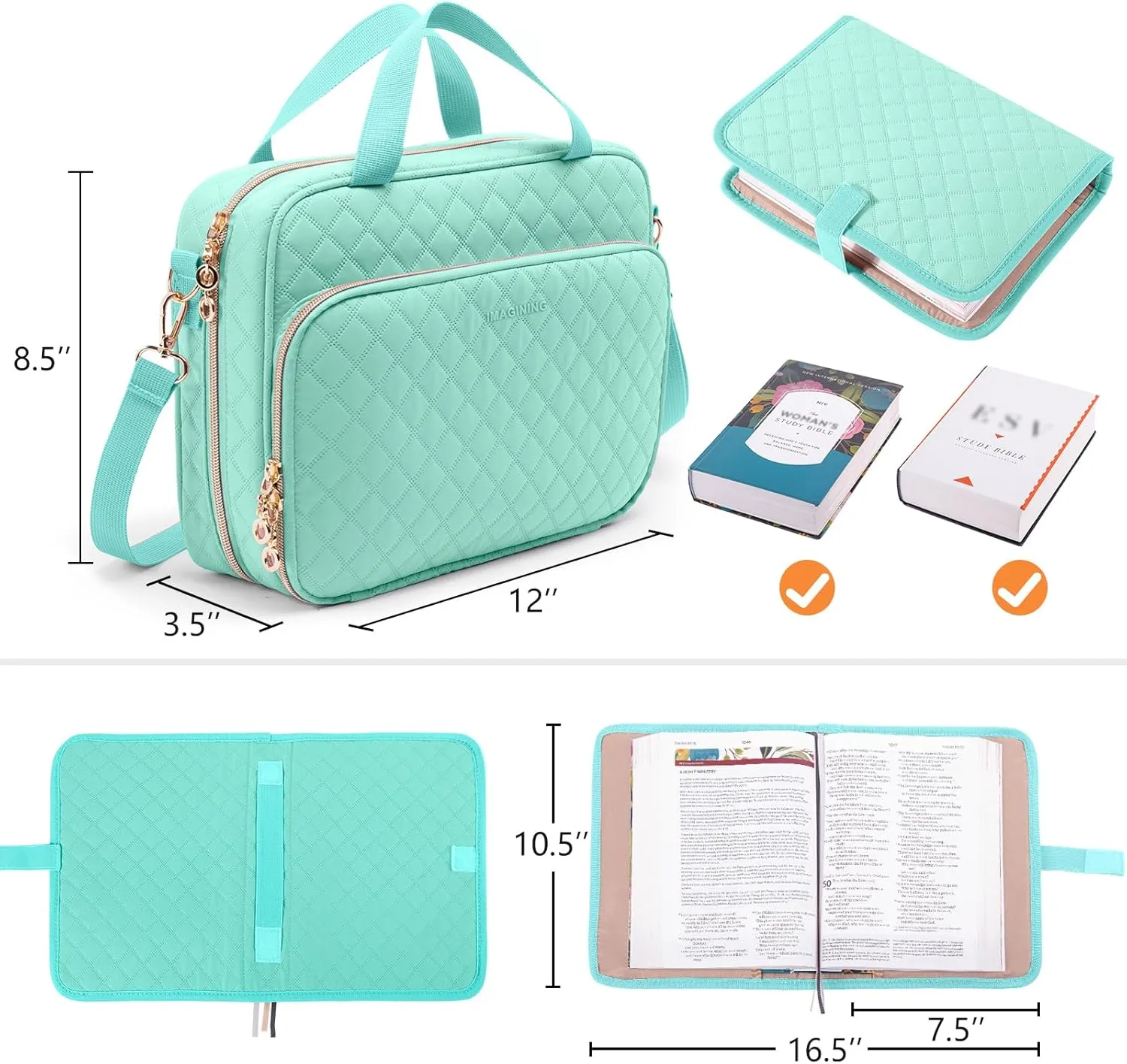 IMAGINING Large Bible Case with Cover for Women - Carrying Case with Shoulder Strap - Bag Packed in Gift Box - Carrier with Pockets for Study Suppliers - Gift for Girls