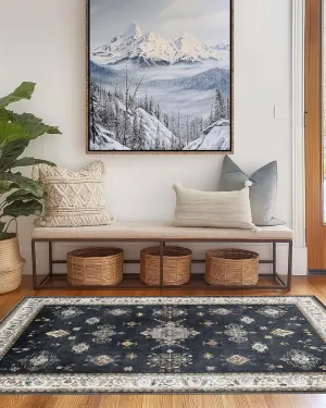 Indigo Moon Washable Rugs 3x5 Area Rug, Soft Non Slip Indoor Door Mat, Vintage Thin Floral Rugs for Bathroom Floor Bedside Kitchen Entryway Living Room Laundry Room Decor (Charcoal, 3x5)