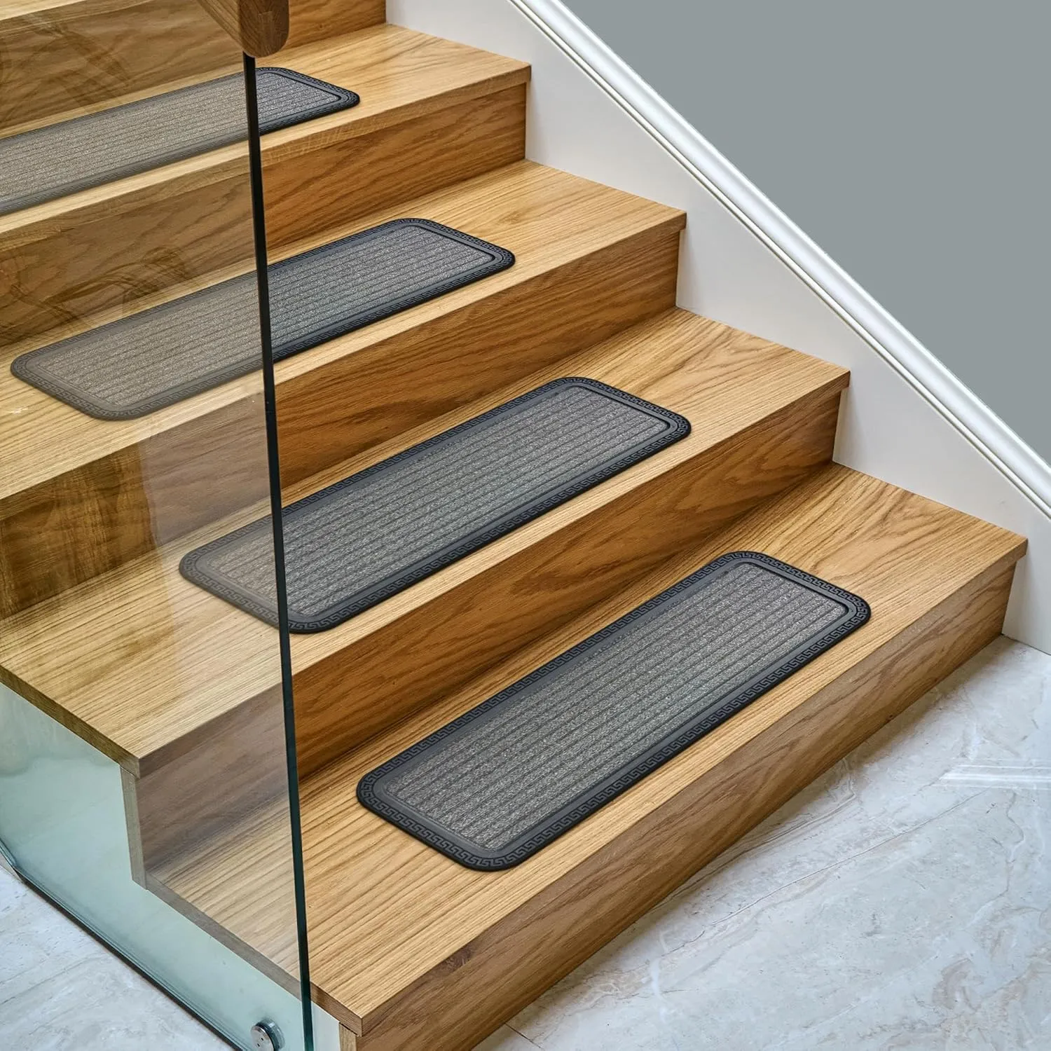 Indoor/Outdoor Hose-Wash Striped Design Non-Slip Rubber 10" x 30" Modern Stair Treads for Stairs, Garage, Patio, 5 Pack, Gray