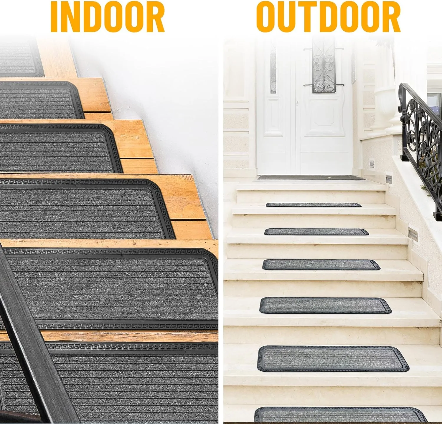 Indoor/Outdoor Hose-Wash Striped Design Non-Slip Rubber 10" x 30" Modern Stair Treads for Stairs, Garage, Patio, 5 Pack, Gray
