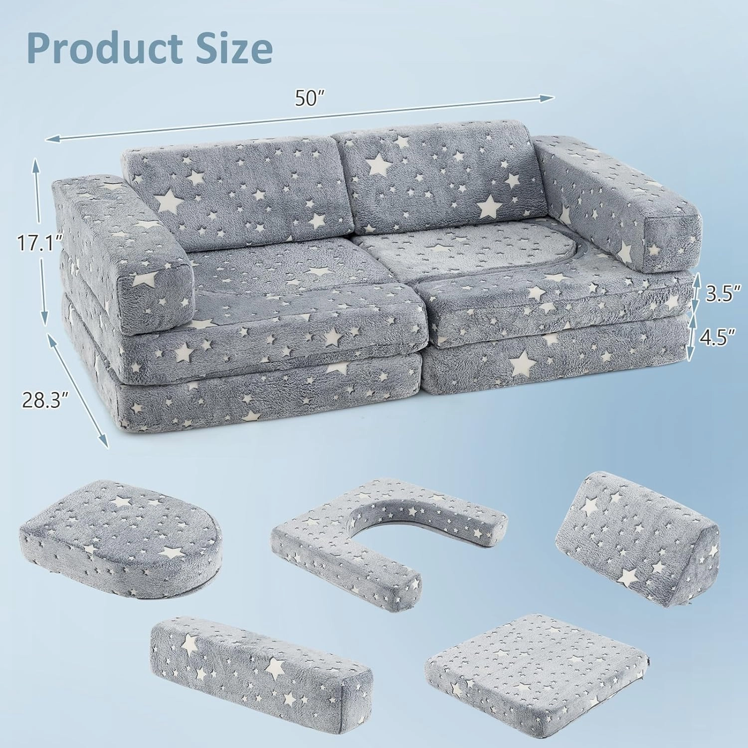 INFANS Modular Kids Play Couch, 10PCS Toddler Creative Sectional Fort Building Sofa for Playroom, Bedroom, Children Convertible Soft Foam Furniture Playset Floor Cushion Boys Girls (Grey-Fluorescent)