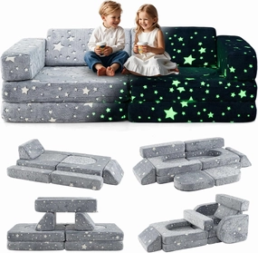 INFANS Modular Kids Play Couch, 10PCS Toddler Creative Sectional Fort Building Sofa for Playroom, Bedroom, Children Convertible Soft Foam Furniture Playset Floor Cushion Boys Girls (Grey-Fluorescent)