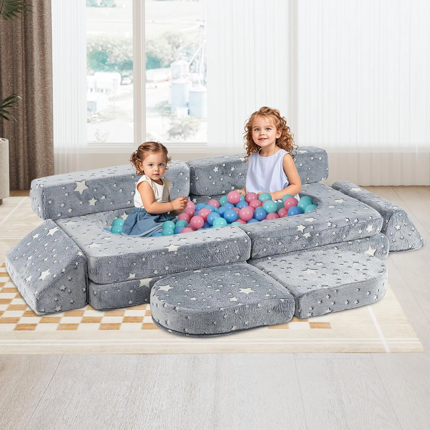 INFANS Modular Kids Play Couch, 10PCS Toddler Creative Sectional Fort Building Sofa for Playroom, Bedroom, Children Convertible Soft Foam Furniture Playset Floor Cushion Boys Girls (Grey-Fluorescent)