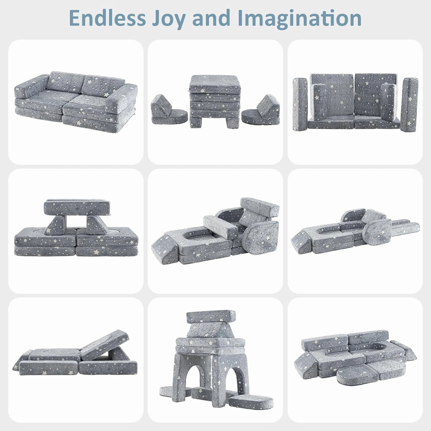 INFANS Modular Kids Play Couch, 10PCS Toddler Creative Sectional Fort Building Sofa for Playroom, Bedroom, Children Convertible Soft Foam Furniture Playset Floor Cushion Boys Girls (Grey-Fluorescent)
